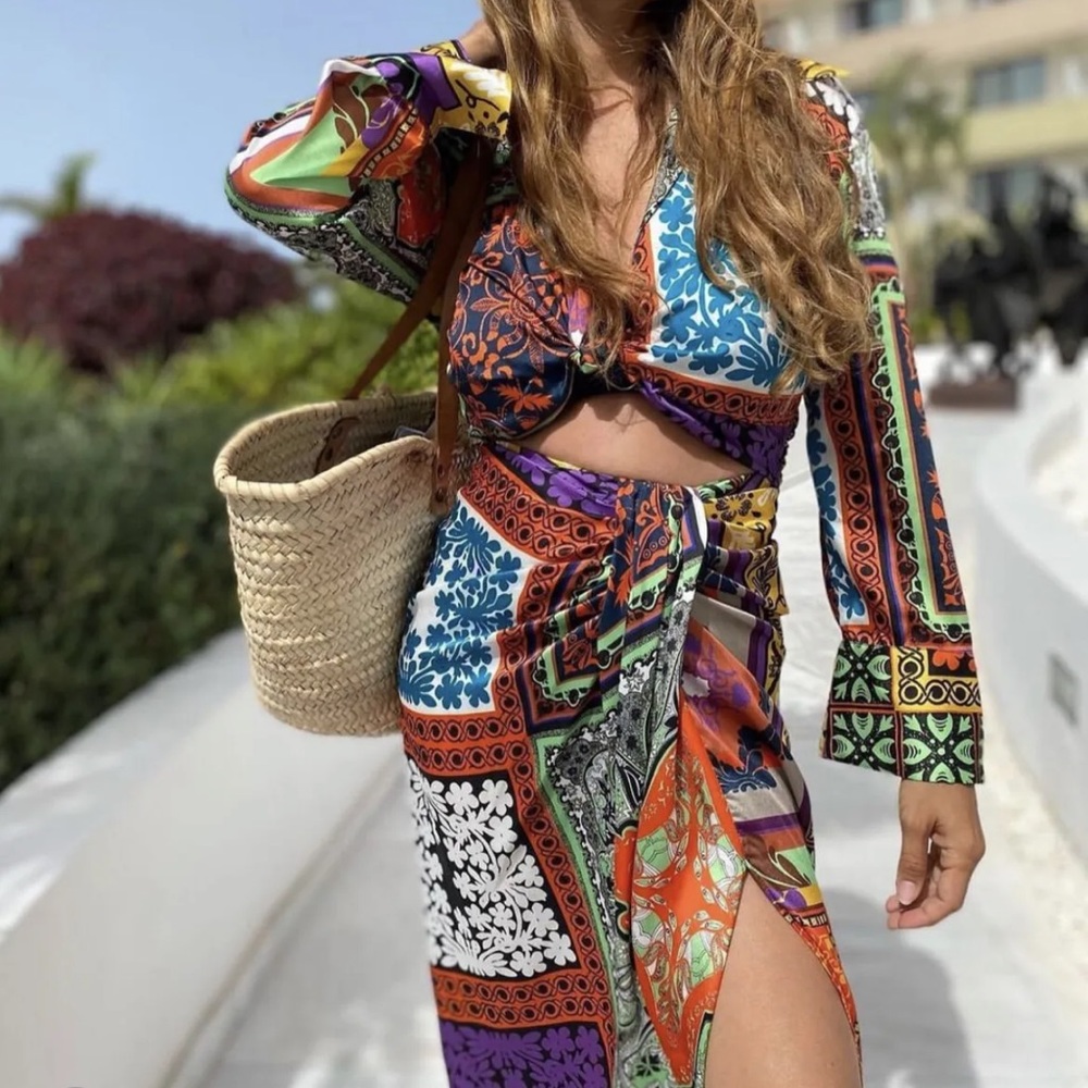 Zara 2 Piece Multicolored Floral Printed Crop Top & Skirt Co Ord Set - Picture 9 of 16